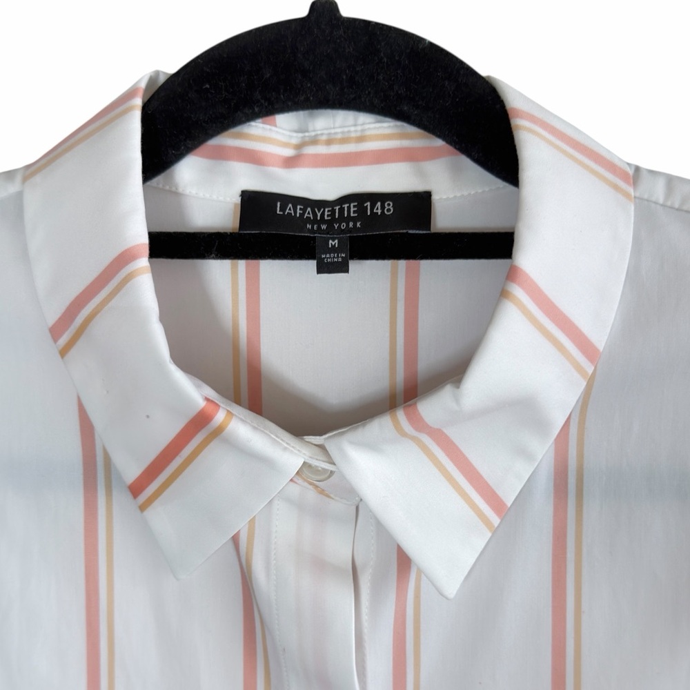 Lafayette 148 White Peach Striped Button Up Shirt Asymmetrical Hem Size M - Picture 9 of 16